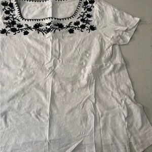 Talbots Tunic Shirt Womens L White Embroidery Short Sleeve Boho Hippie Cotton